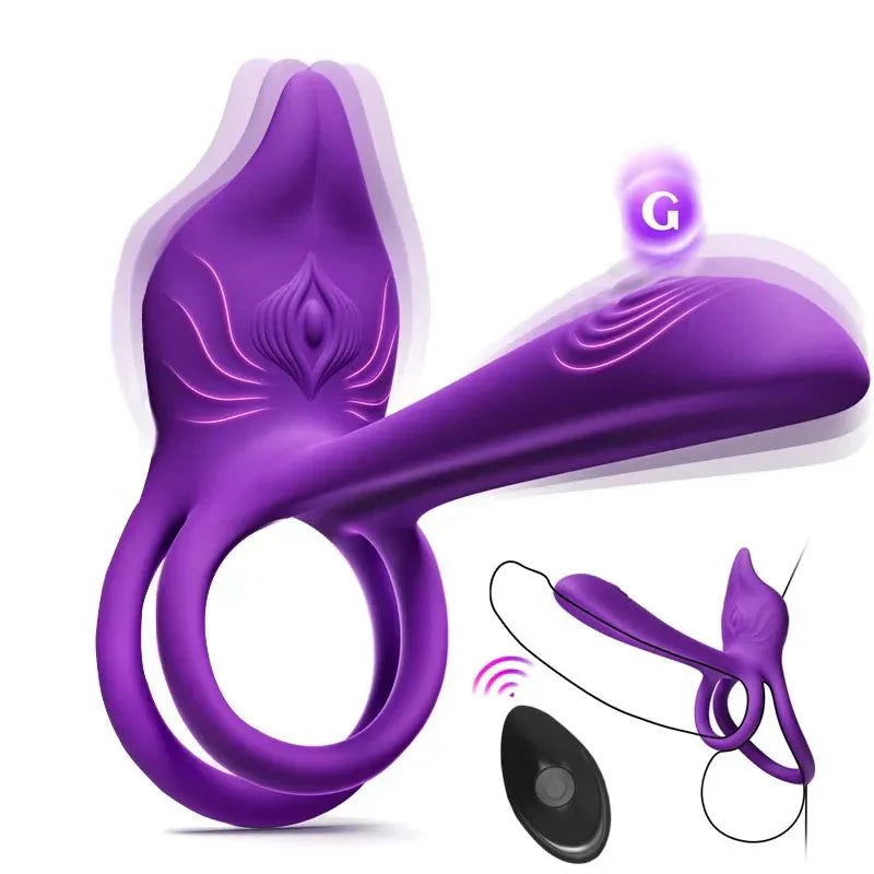 Vibrating Cock Ring Couples Sex Toys - MOOLIGIRL Dual Penis Ring Vibrator with Fox-Shaped Clitoral Stimulator & 4.6in G Spot Vibrator, 10 Vibration Adult Toys for Men Women, Female Sex S&M Floggers